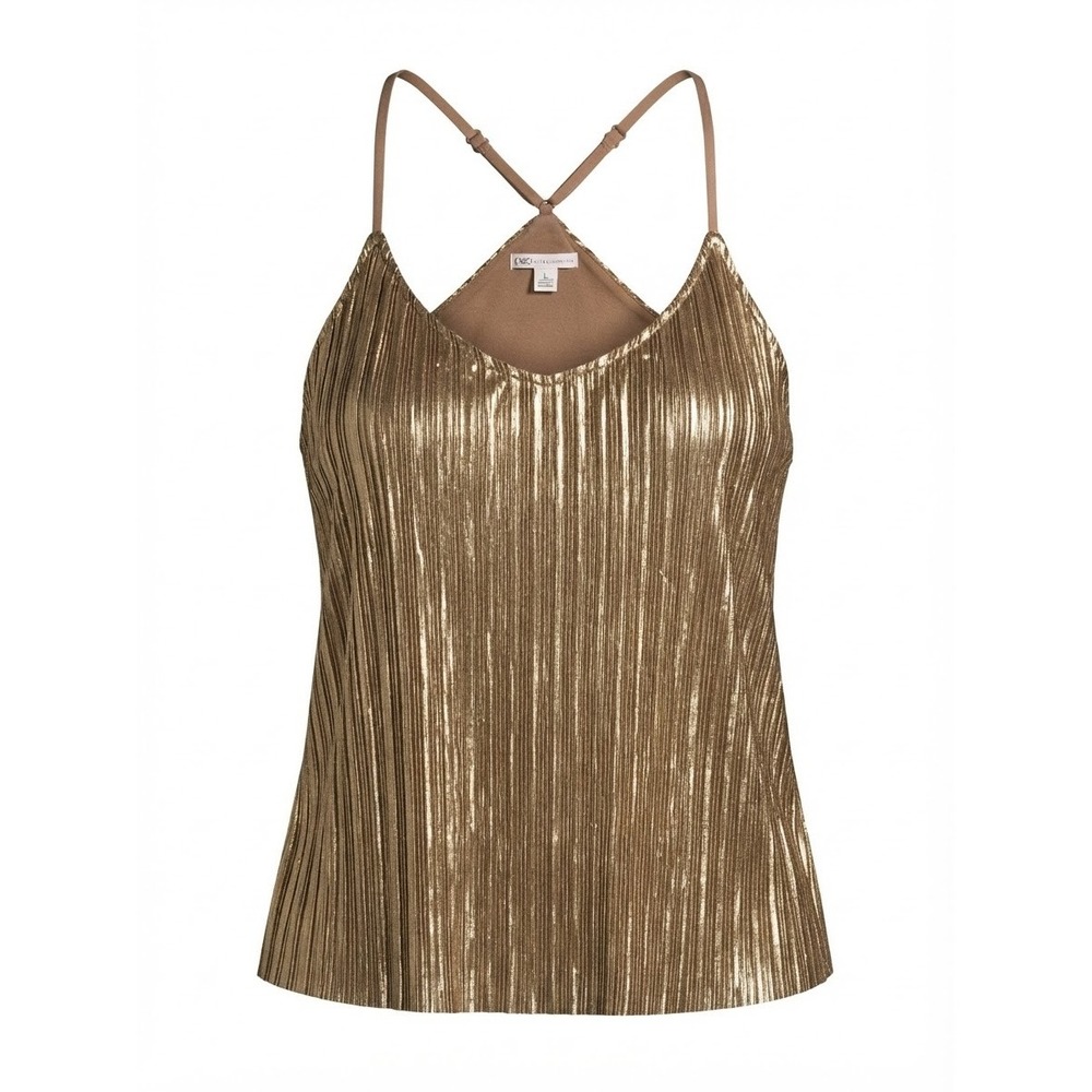 Metallic Pleated Cami Tank Top Womens L Gold Adjustable Straps Excellent